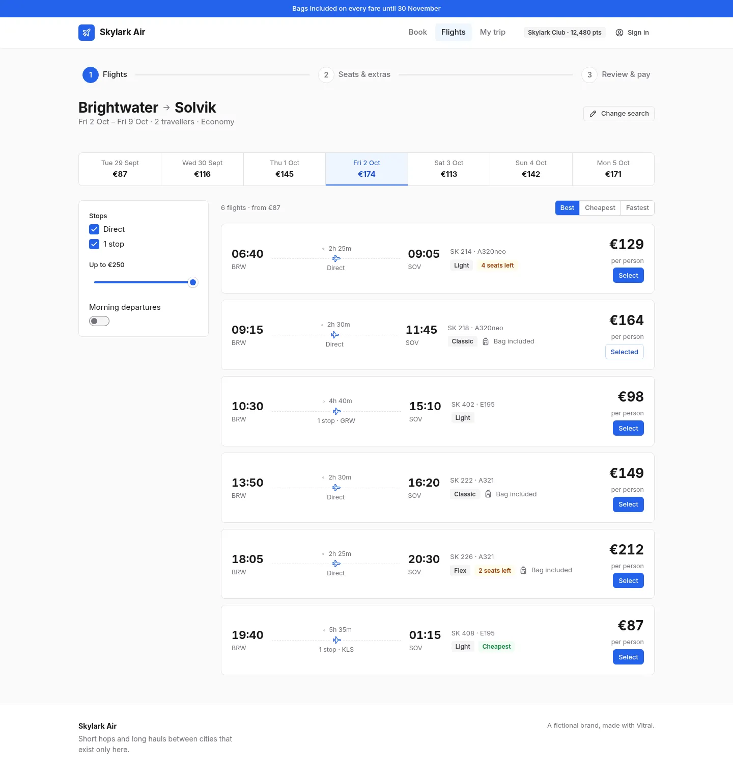 Skylark Air: the Flights screen