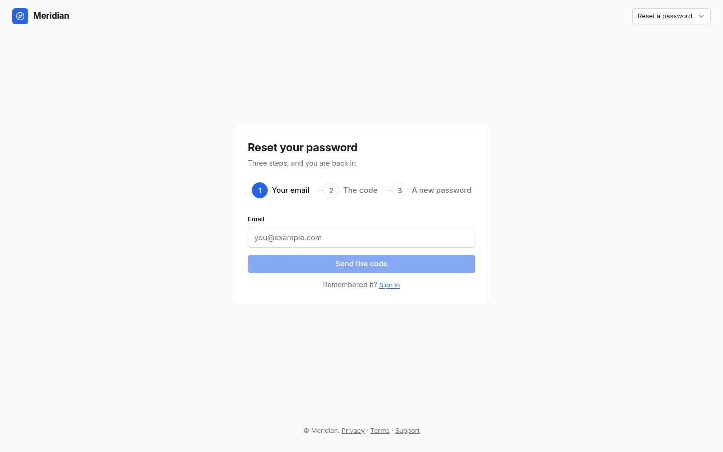 Meridian Access: the Reset a password screen