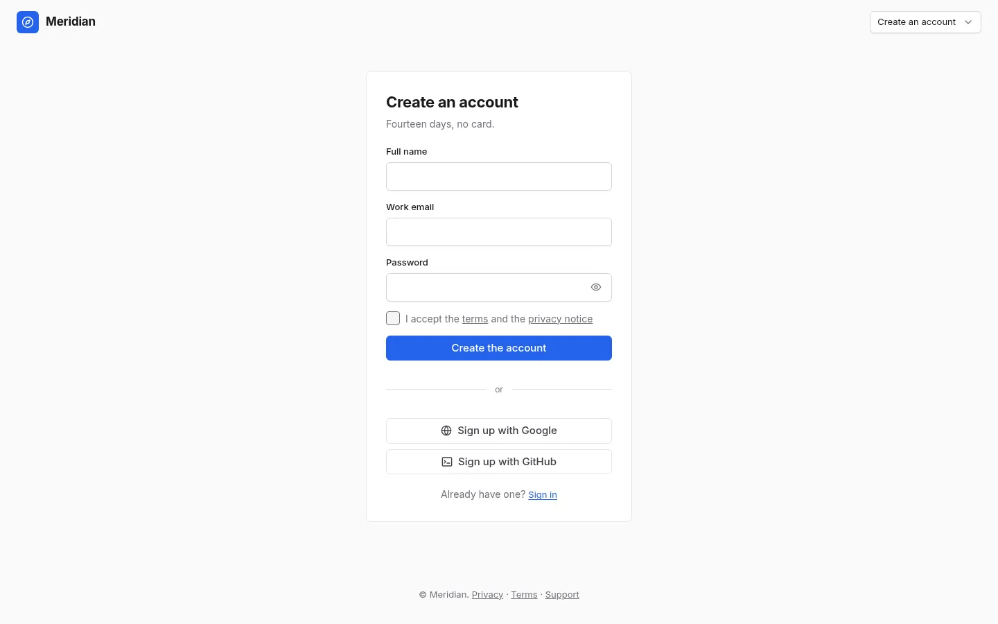Meridian Access: the Create an account screen