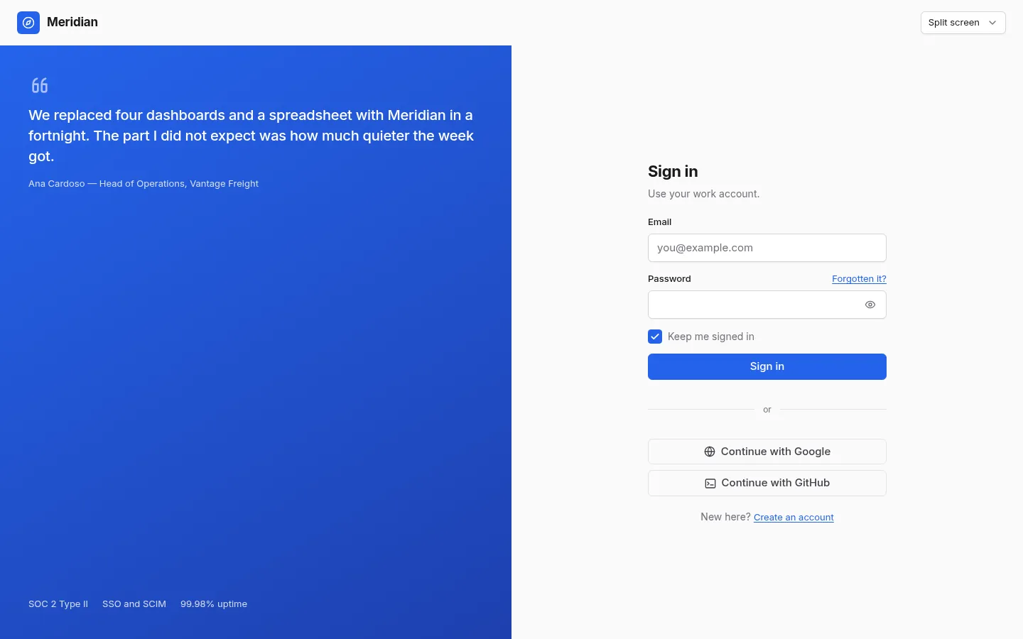 Meridian Access: the Split screen screen
