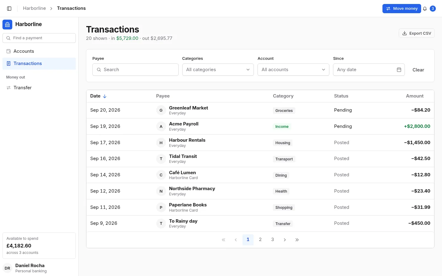 Harborline Bank: the Transactions screen