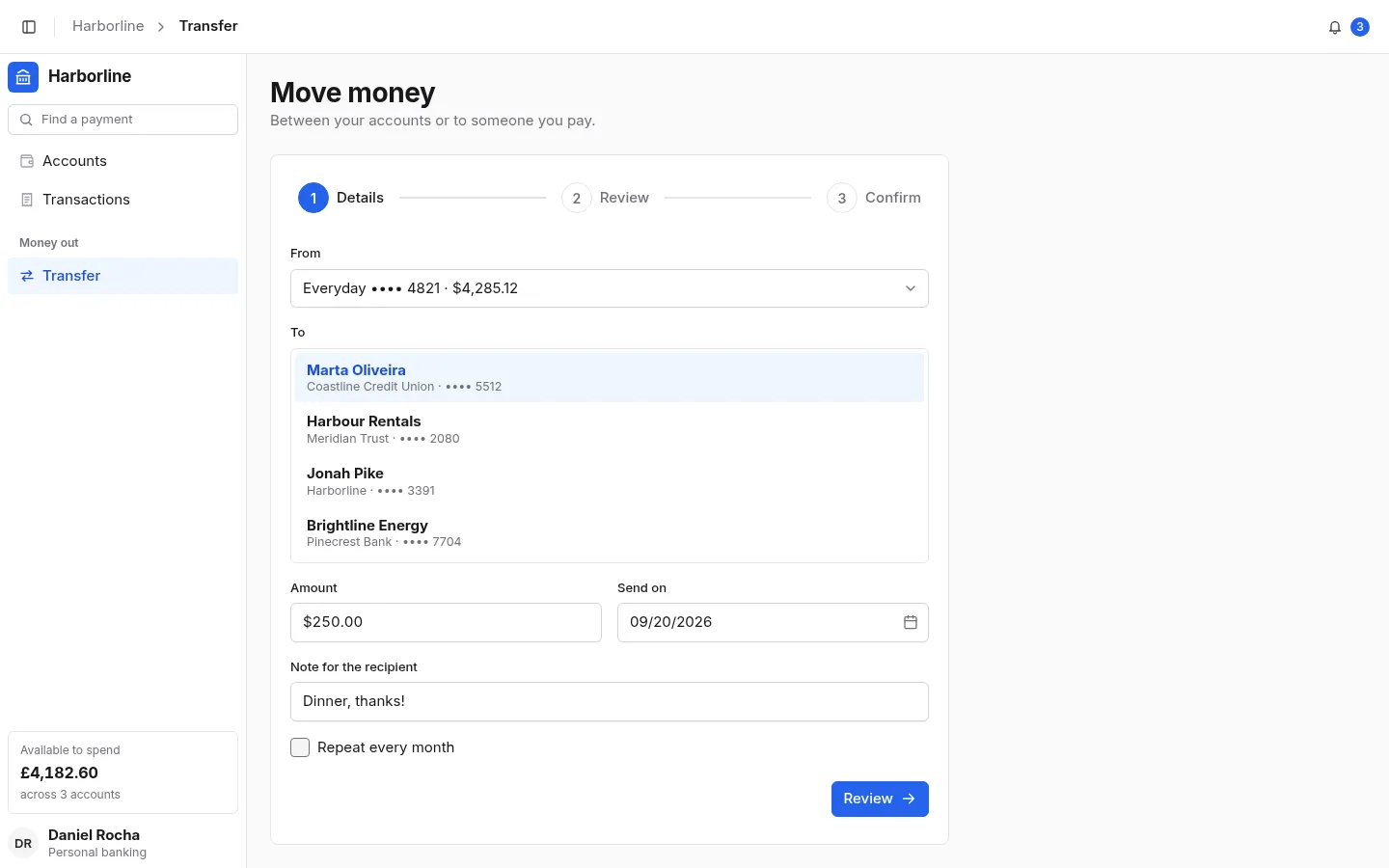 Harborline Bank: the Transfer screen