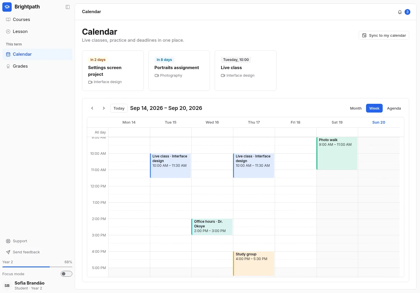 Brightpath Academy: the Calendar screen