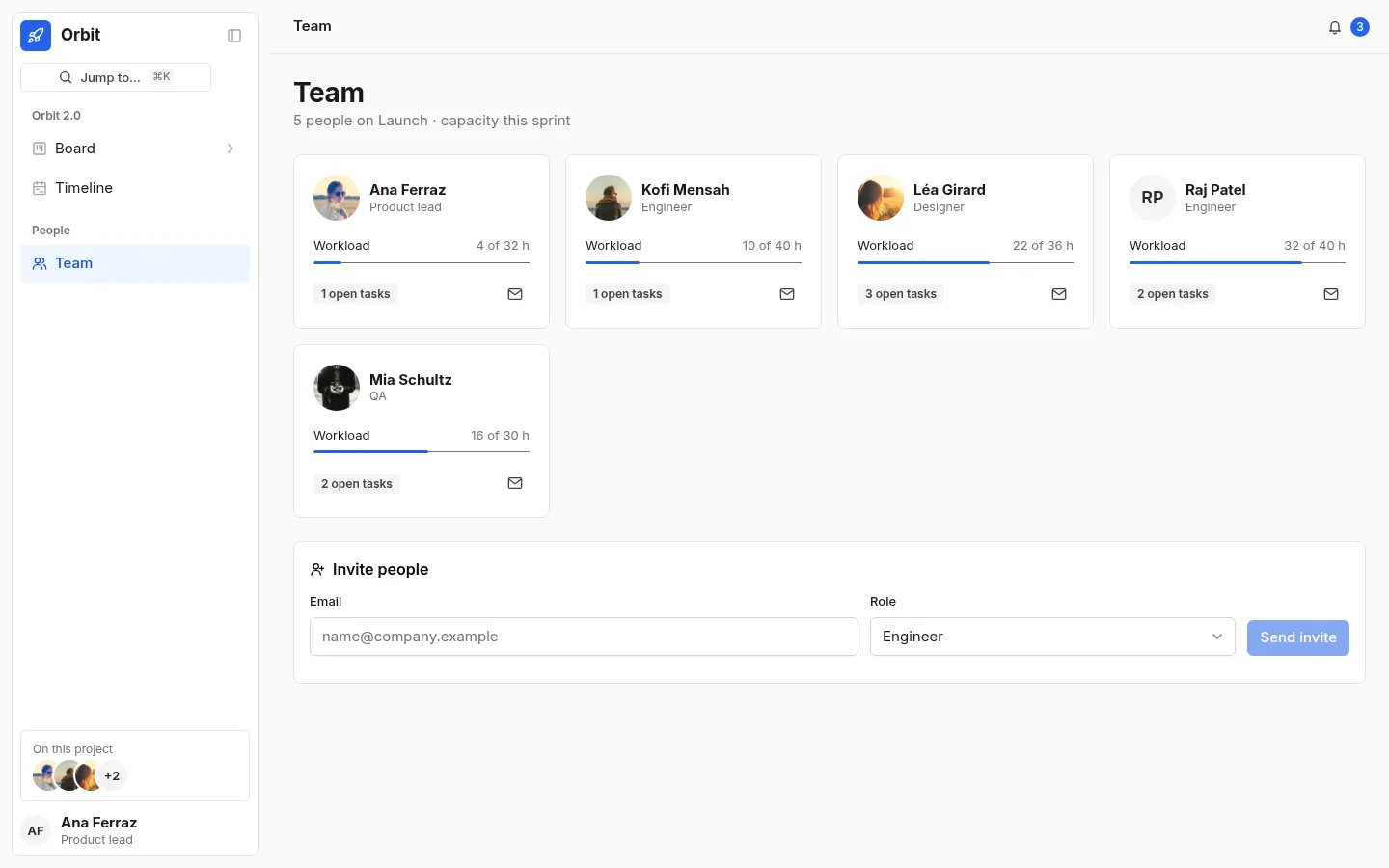 Orbit: the Team screen