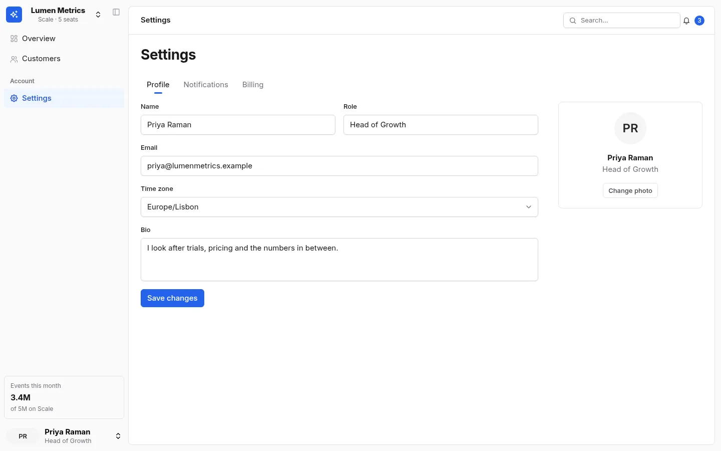 Lumen Metrics: the Settings screen